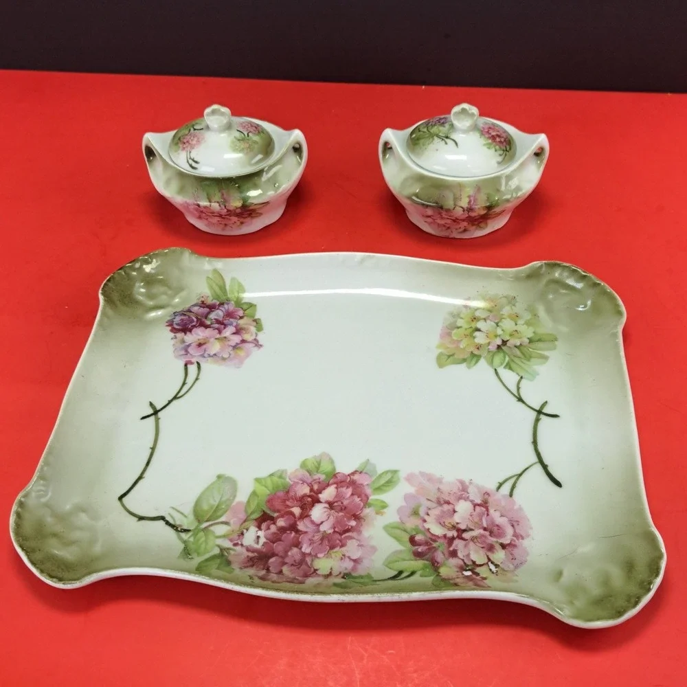 Moschendorf Bavaria Tea Vanity Set OS Green Pink Excellent Hydrangea Floral 5pc